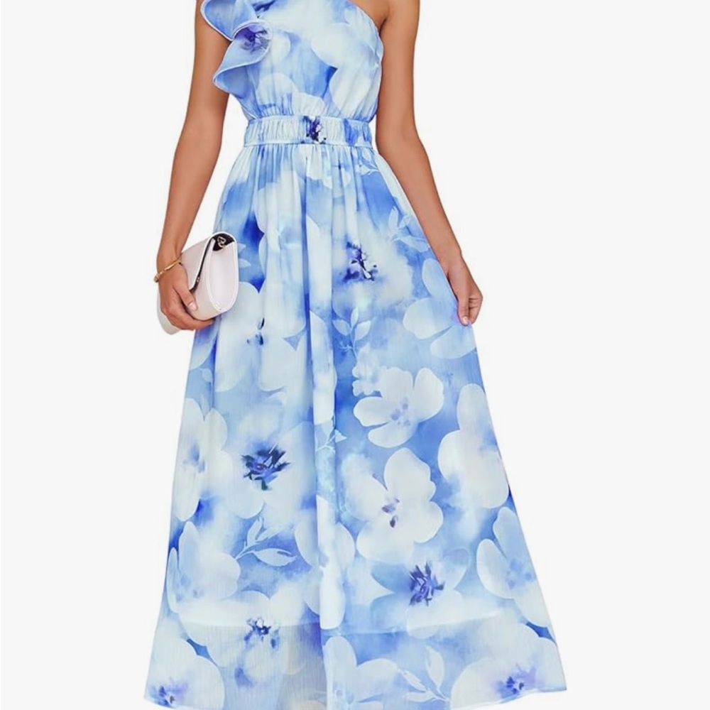 Floral Blue One-Shoulder Maxi Dress